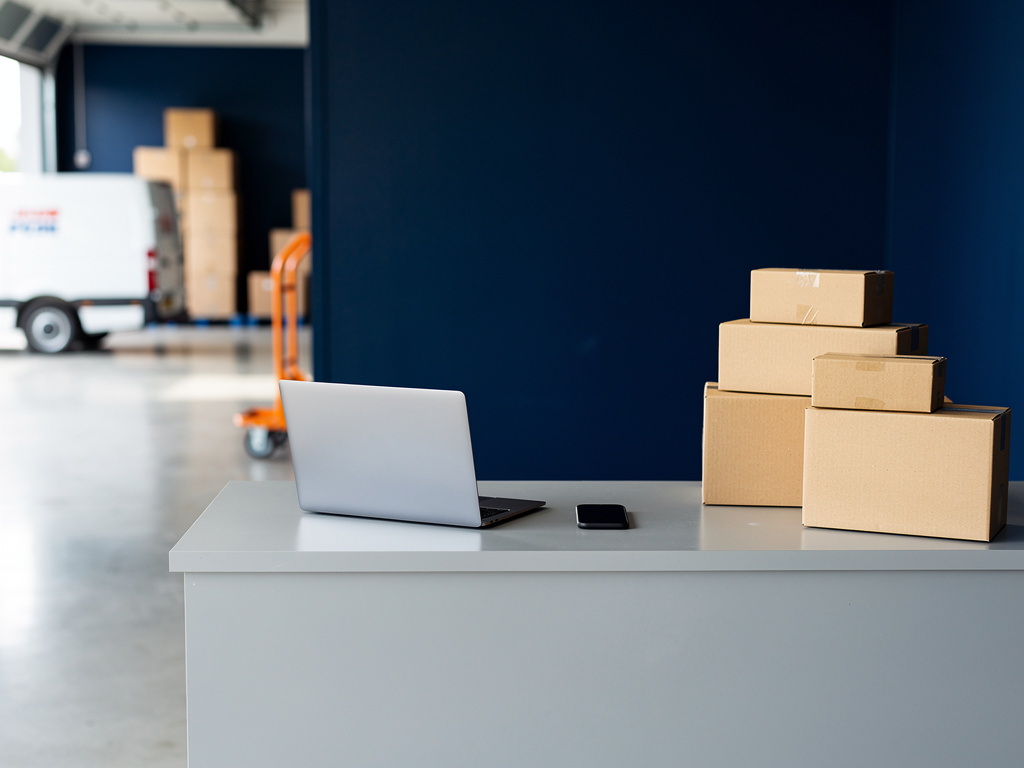 The depot's front desk with a laptop, a phone and a stack of parcels on a light gray counter, navy wall behind, nobody i