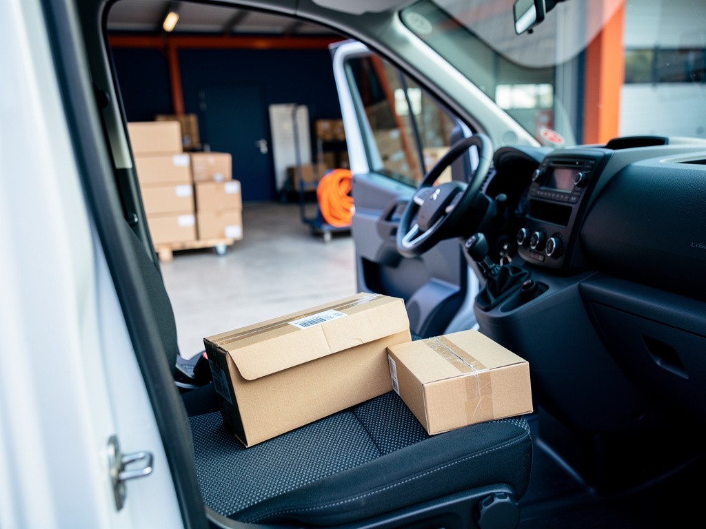 Close-up of a sealed kraft envelope and a small parcel placed on the passenger seat of the van, morning light on the das