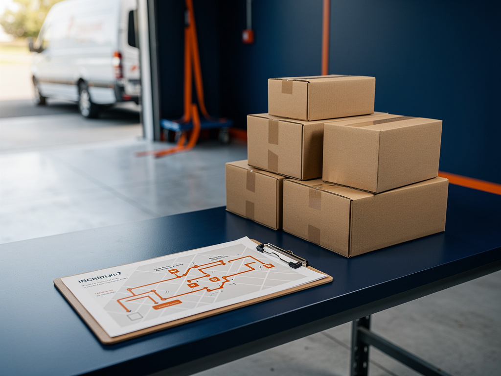 A route map printout with orange-marked stops laid on a clipboard beside parcels on a navy workbench, no readable text.