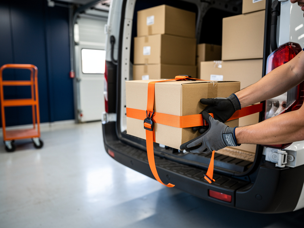Hands in work gloves gently placing a padded box into the van and tightening an orange strap around it.