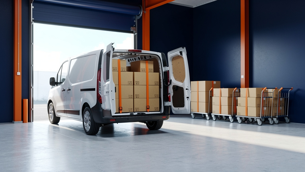 A white unbranded delivery van parked at the open bay door of the depot at morning, rear doors open revealing neatly sta