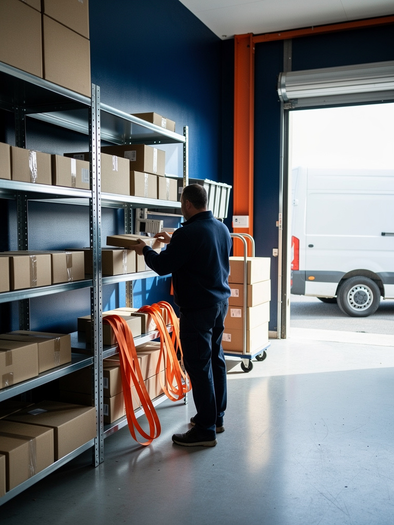 The depot interior from behind a worker in a navy jacket sorting parcels onto metal shelves, face not visible, soft dayl